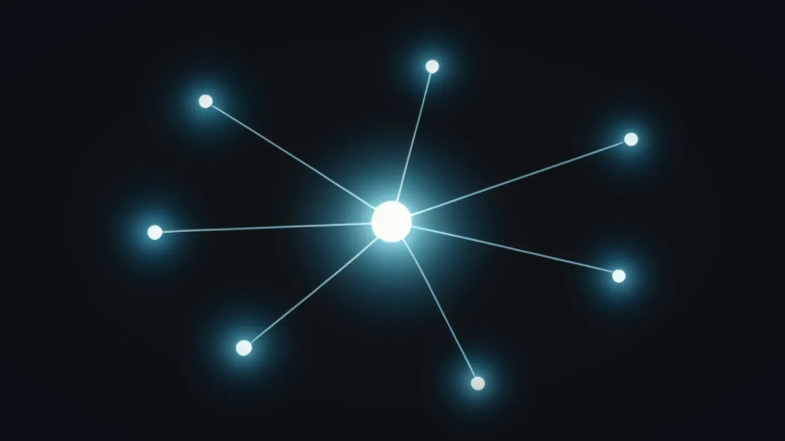 A glowing central node connected by thin lines of light to seven smaller glowing nodes on a dark navy background.